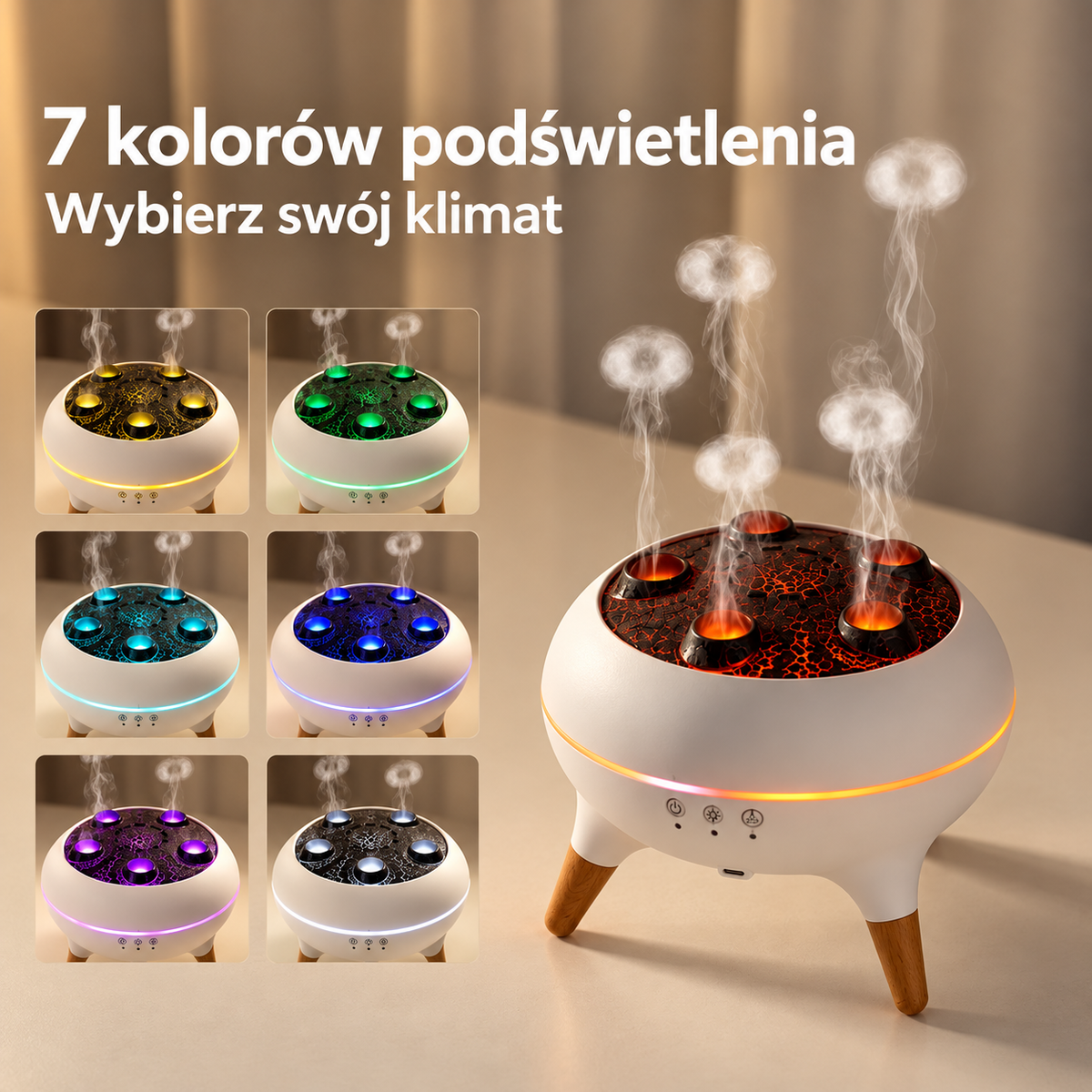 Grafika Bommy przedstawiająca 7 kolorów podświetlenia, z napisem Wybierz swój klimat.
