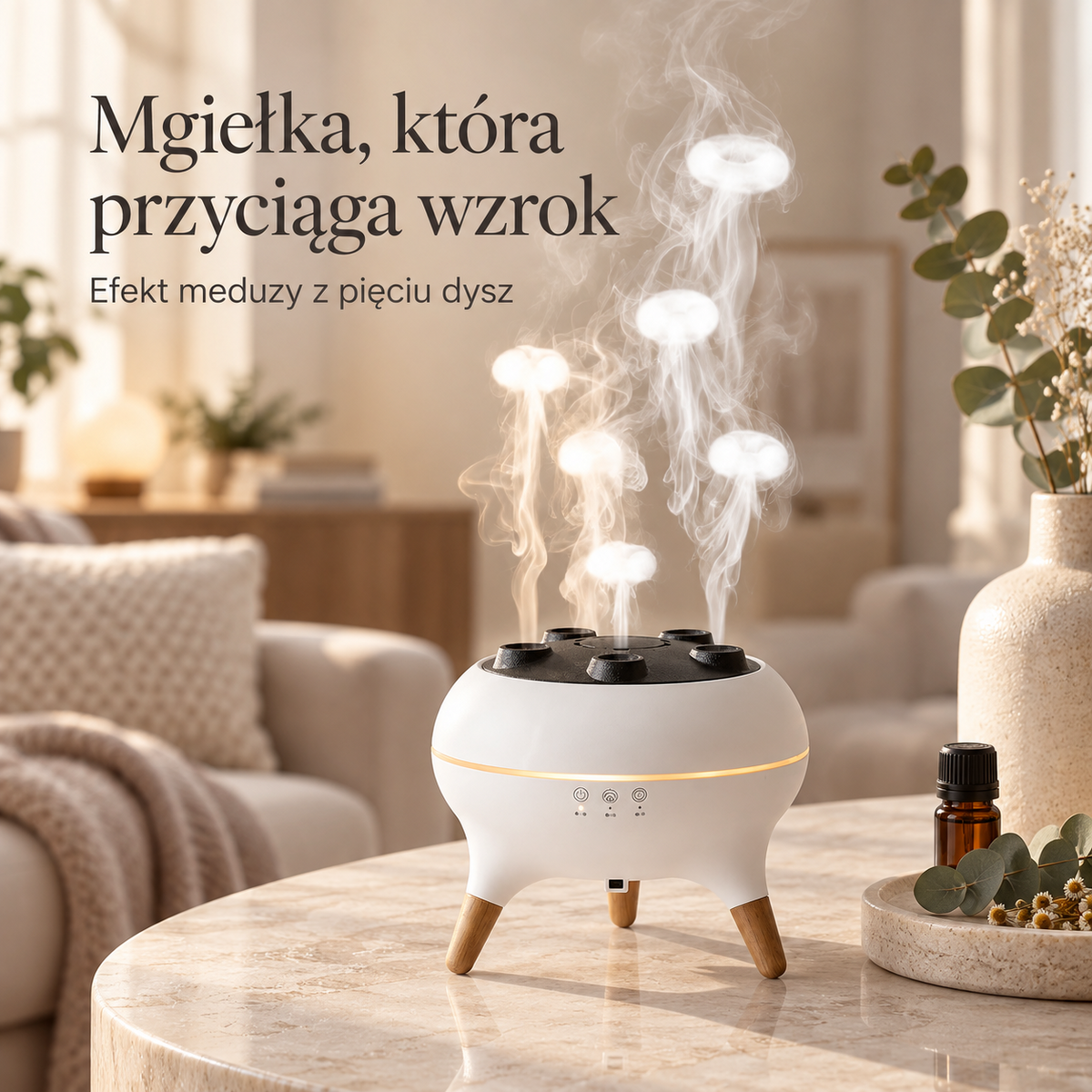 Grafika dyfuzora w jasnym wnętrzu z napisem „Mgiełka, która przyciąga wzrok”.
