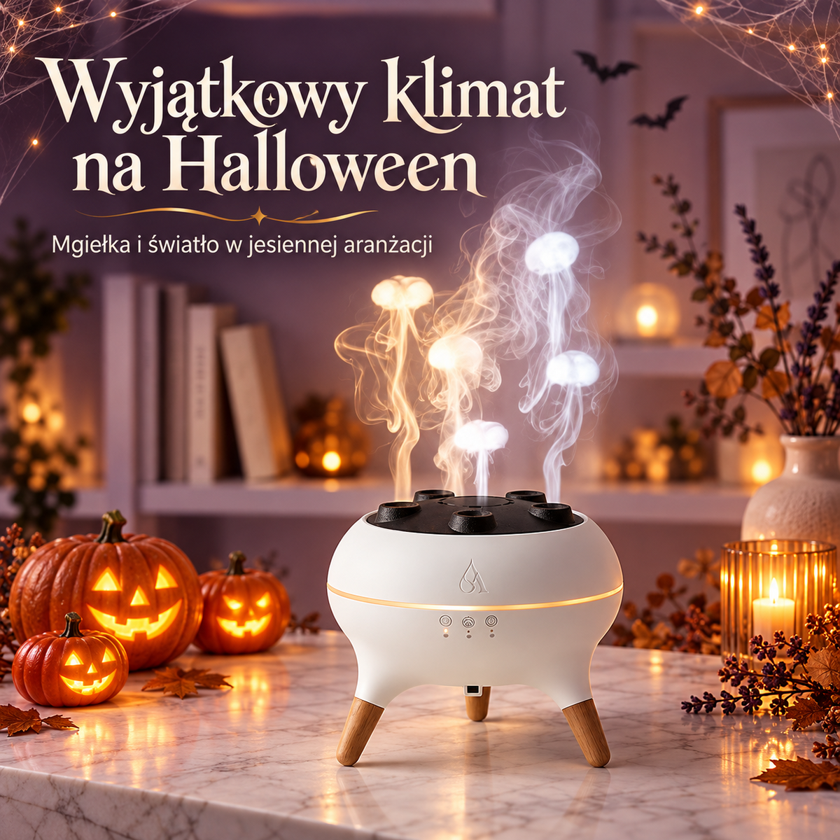 Grafika dyfuzora w aranżacji Halloween z dyniami i ciepłym oświetleniem.
